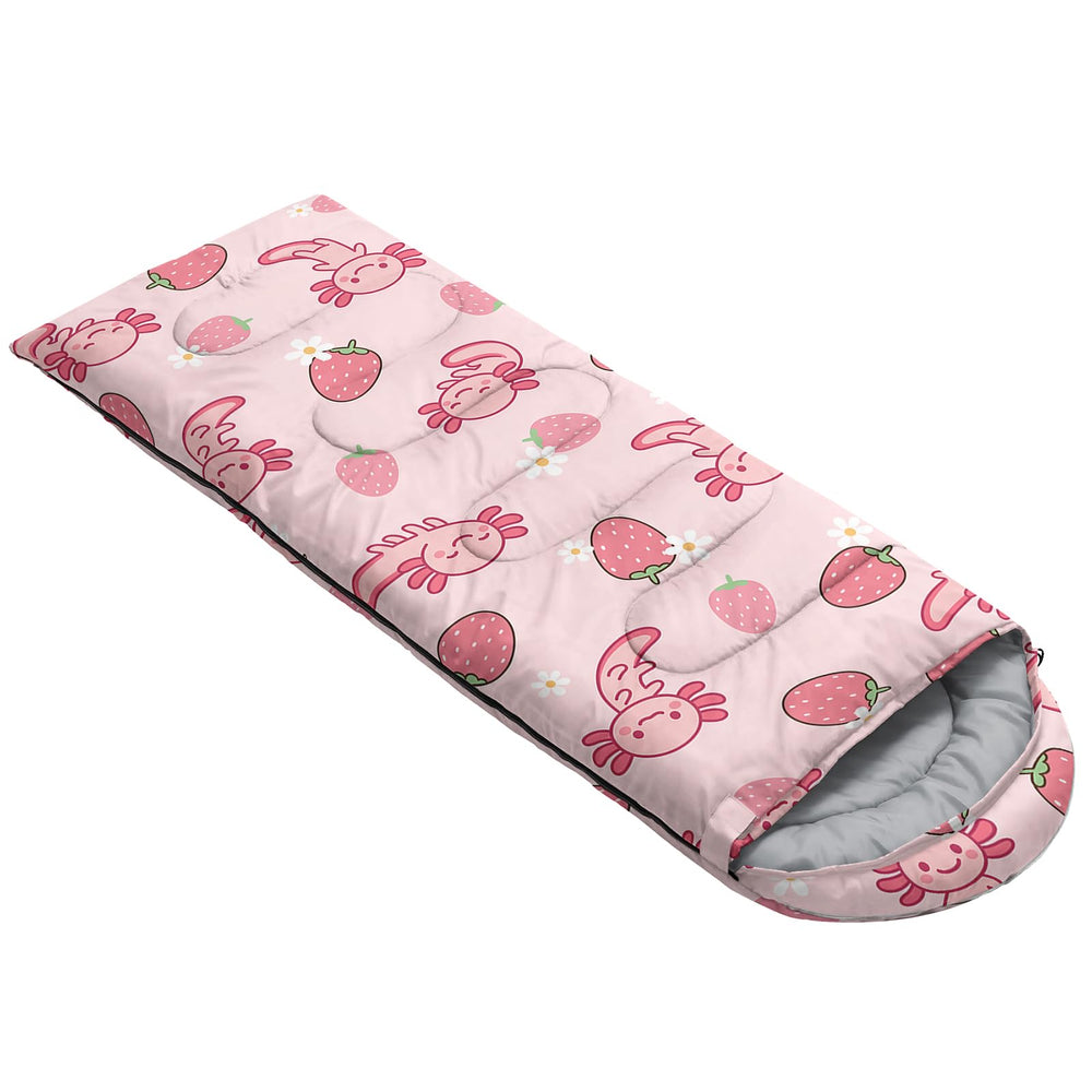 QOOMO Axolotl Strawberry sleeping bag with hood drawstring for warmth