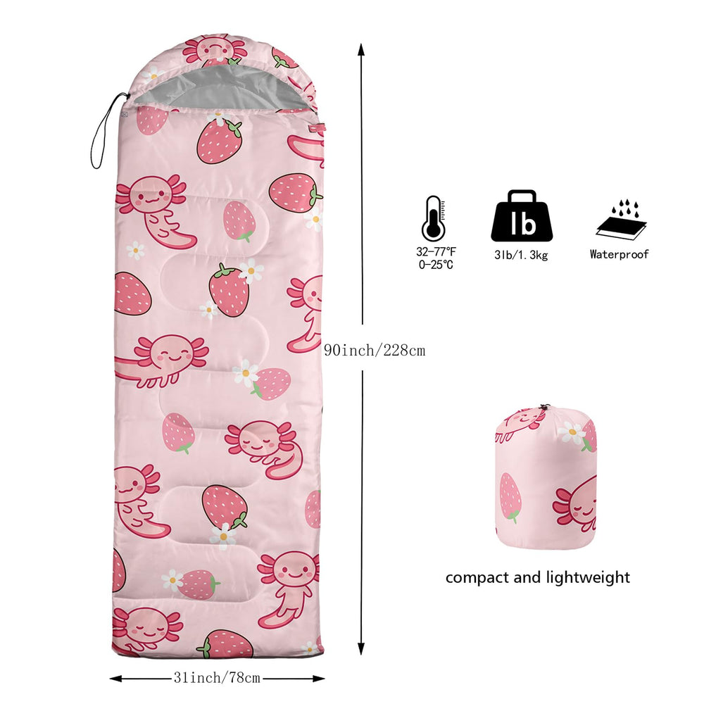 QOOMO Axolotl Strawberry sleeping bag size 31x90 inches