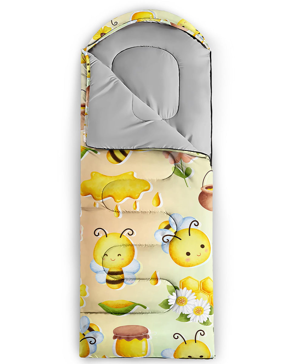 QOOMO Bee Honey sleeping bag hood drawstring secures warmth during chilly nights.
