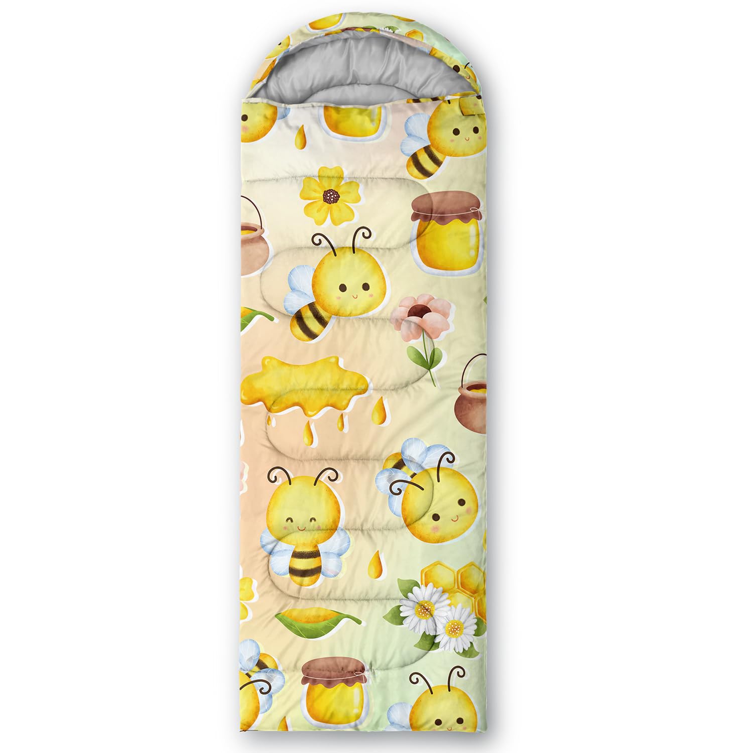 QOOMO Bee Honey sleeping bag packed view demonstrates compact carry for hikes and travel.