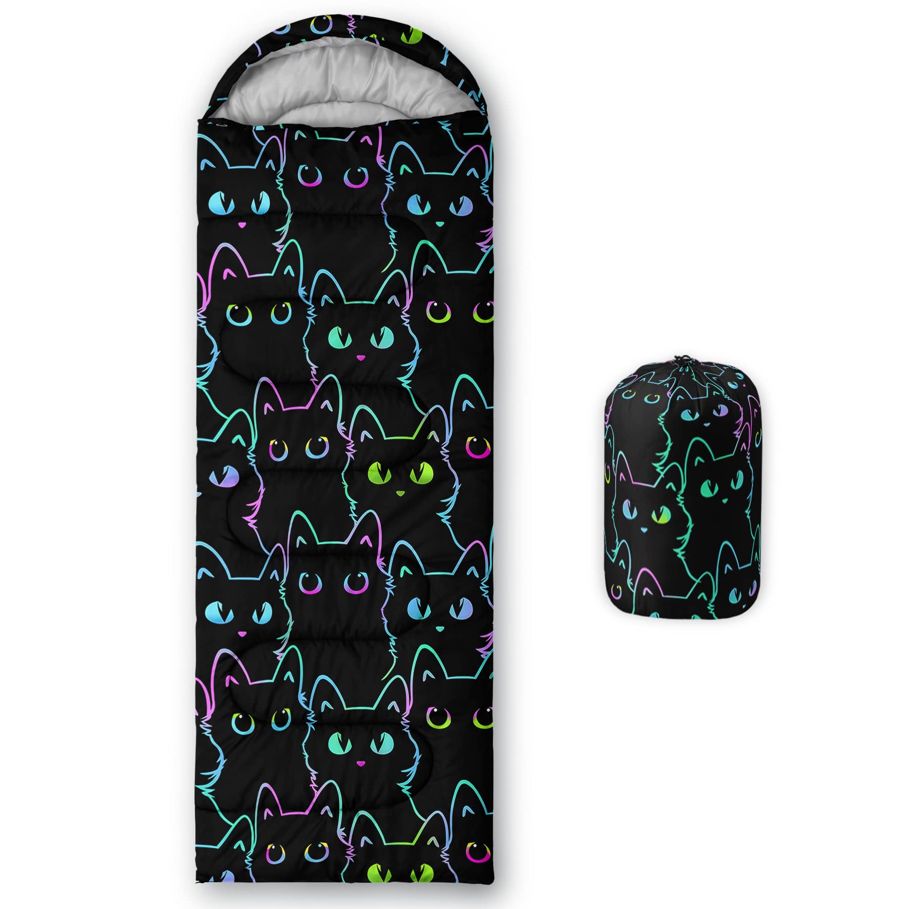 QOOMO black cartoon cat sleeping bag hooded design for cozy camping.