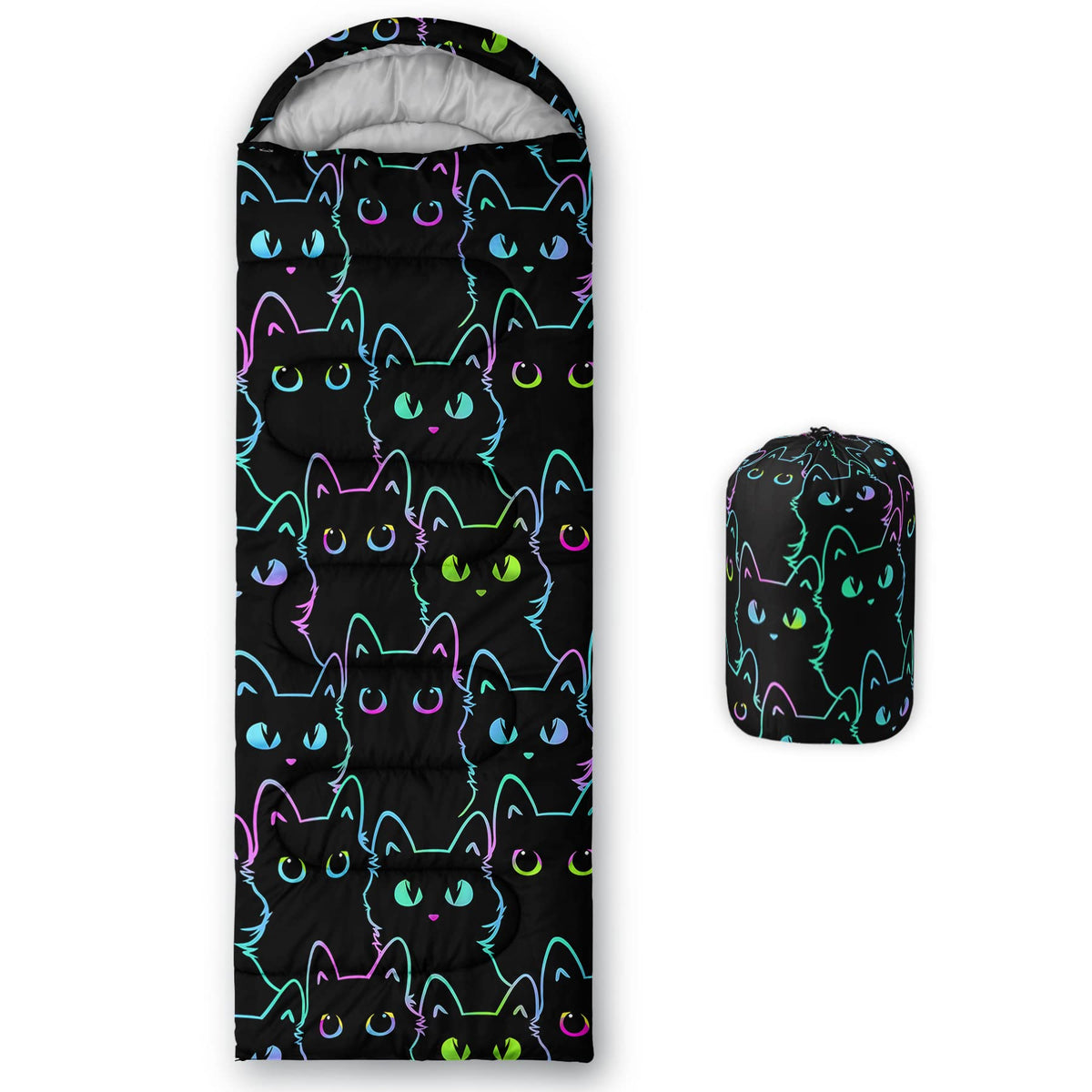 QOOMO black cartoon cat sleeping bag hooded design for cozy camping.