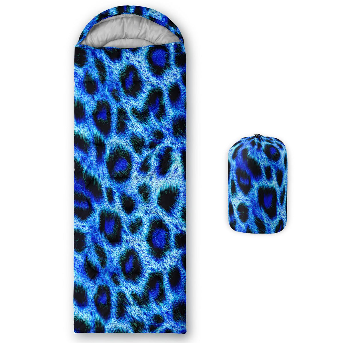 QOOMO blue cheetah sleeping bag closed for portable warmth on camping trips.