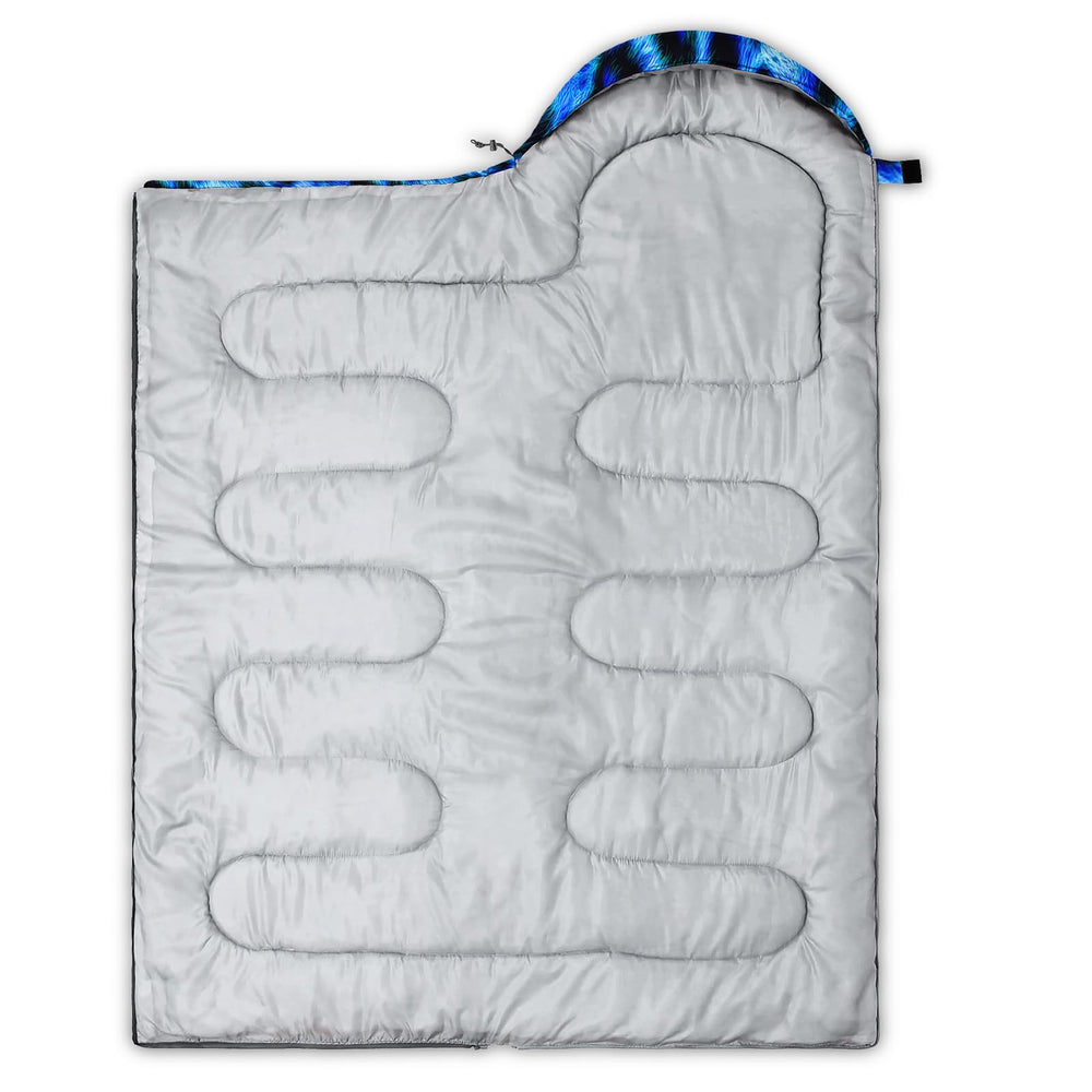 QOOMO blue cheetah sleeping bag compact pack size for car trips.