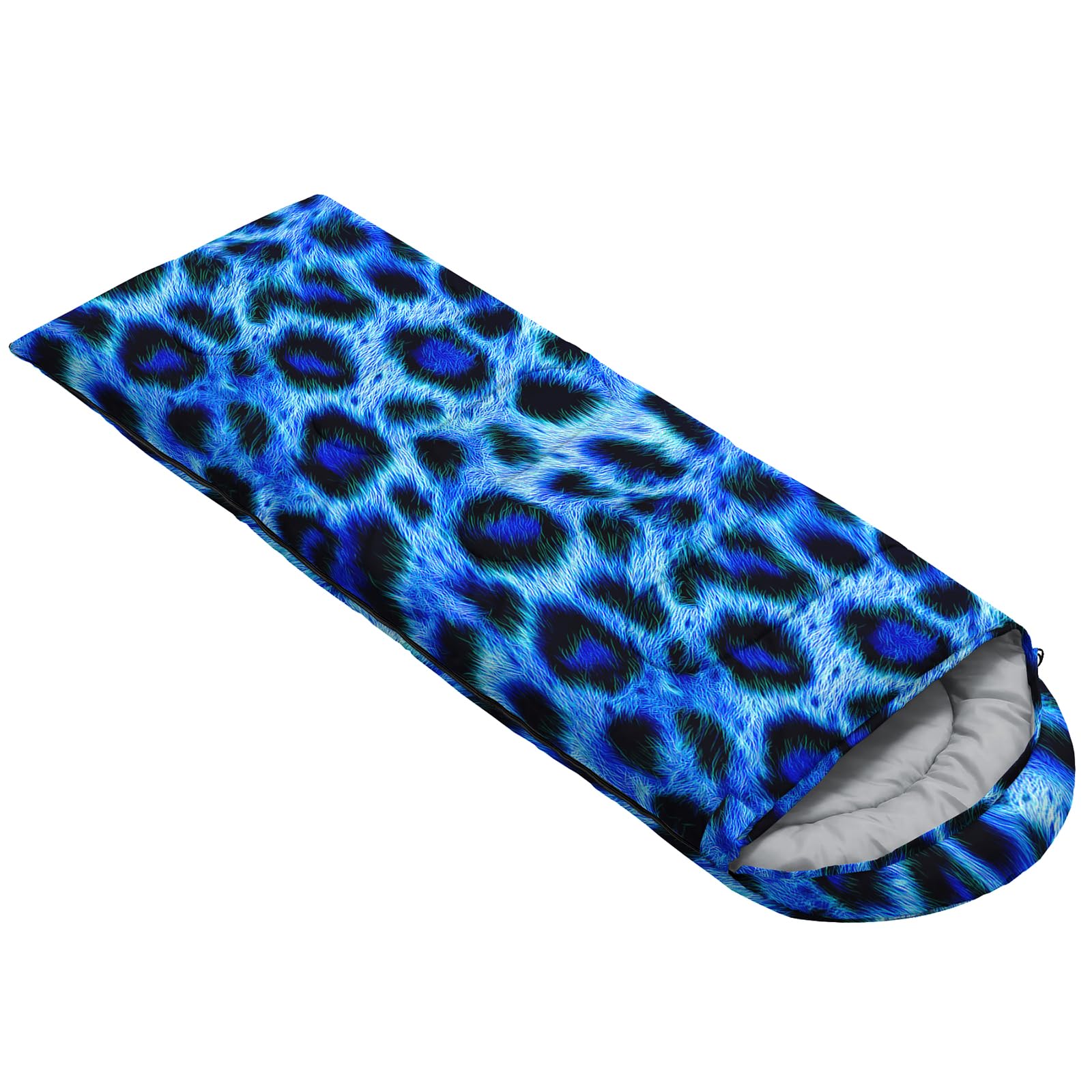 QOOMO blue cheetah sleeping bag hood drawn to seal warmth.