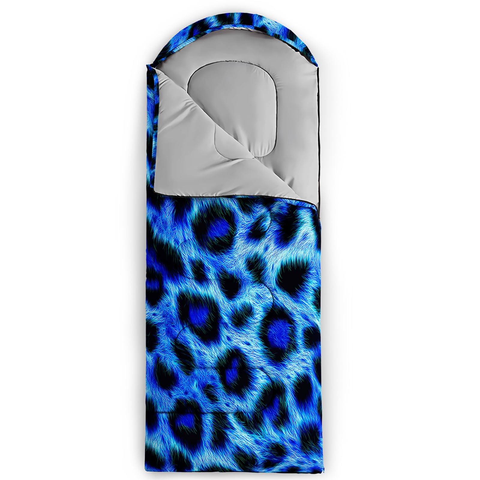 QOOMO blue cheetah sleeping bag lifestyle image for camping and couch-surfing.