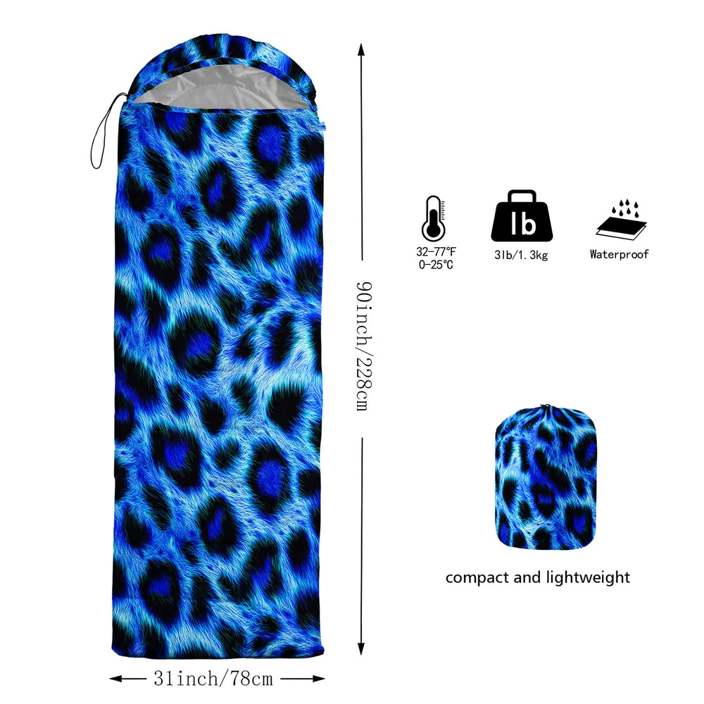 QOOMO blue cheetah sleeping bag lightweight at 3 lbs for easy carrying.