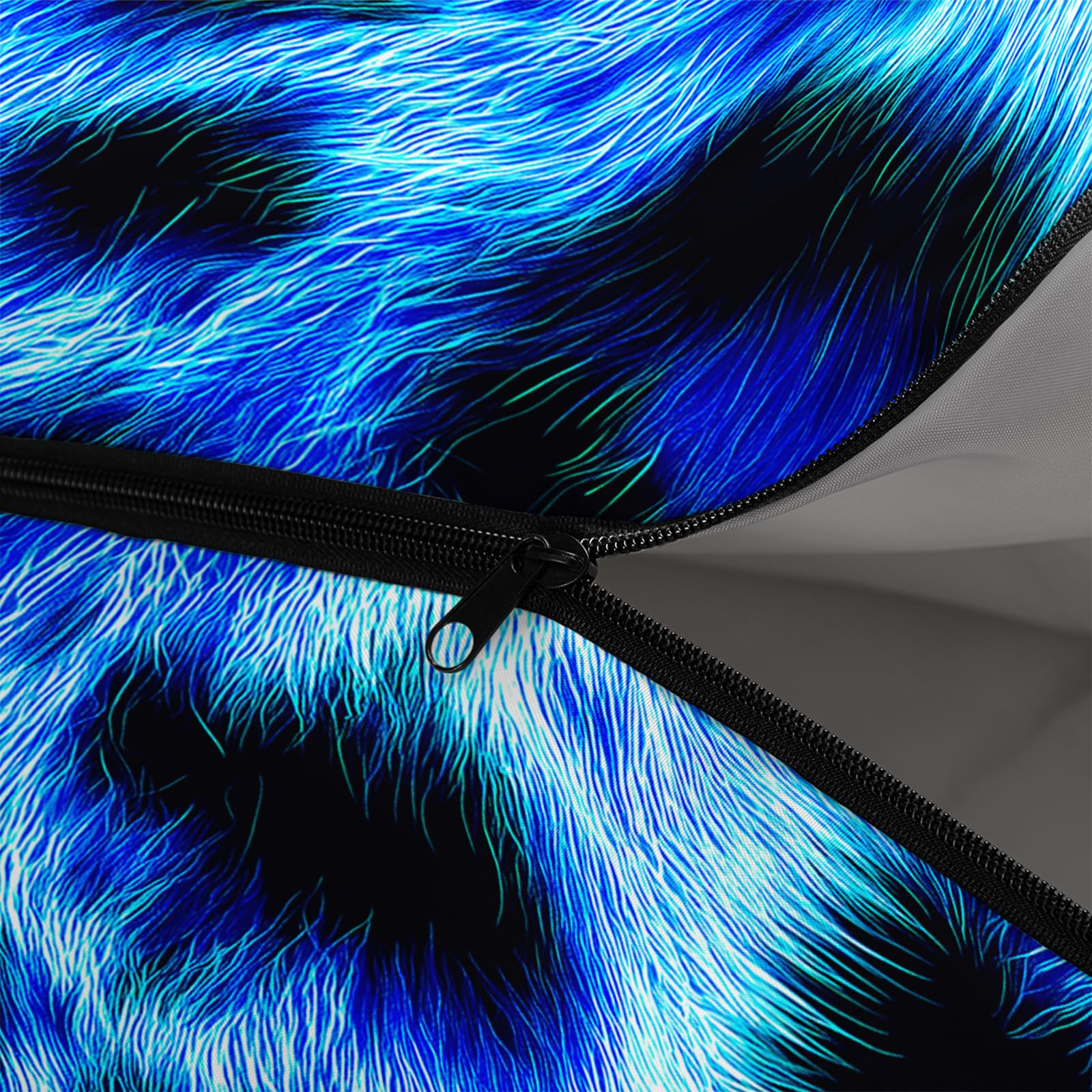 QOOMO blue cheetah sleeping bag soft lining for extra comfort.