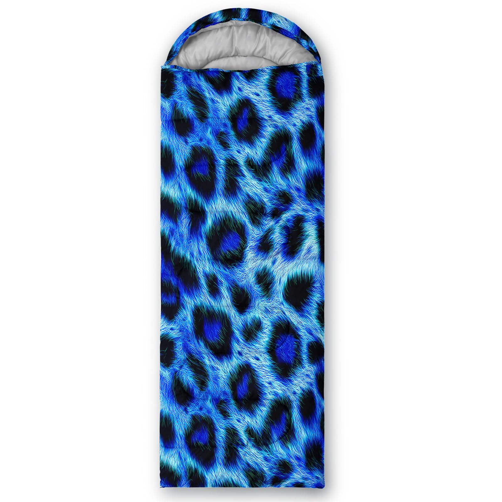QOOMO blue cheetah sleeping bag packed compactly for backpacks and travel.