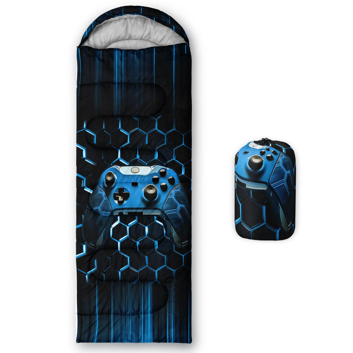 QOOMO blue game console sleeping bag hood drawstring keeps you warm on camping nights