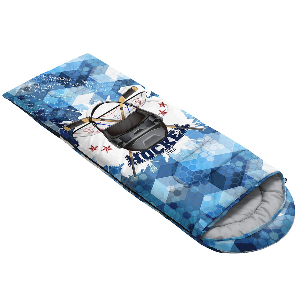 QOOMO blue honeycomb hockey sleeping bag compact pack for easy carrying.