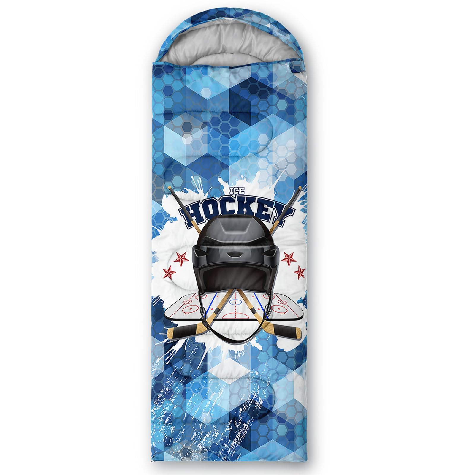 QOOMO blue honeycomb hockey sleeping bag foot zipper enables airflow adjustments.