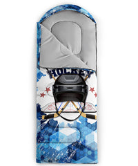 QOOMO blue honeycomb hockey sleeping bag tightened hood for secure heat retention.