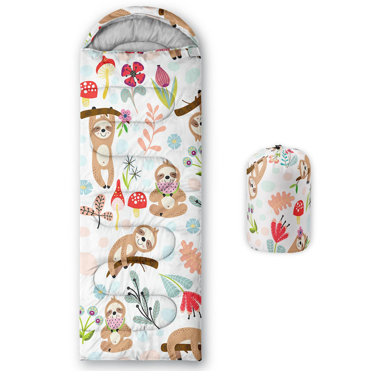 QOOMO cartoon sloth sleeping bag 31x90 inches for 3-season camping.