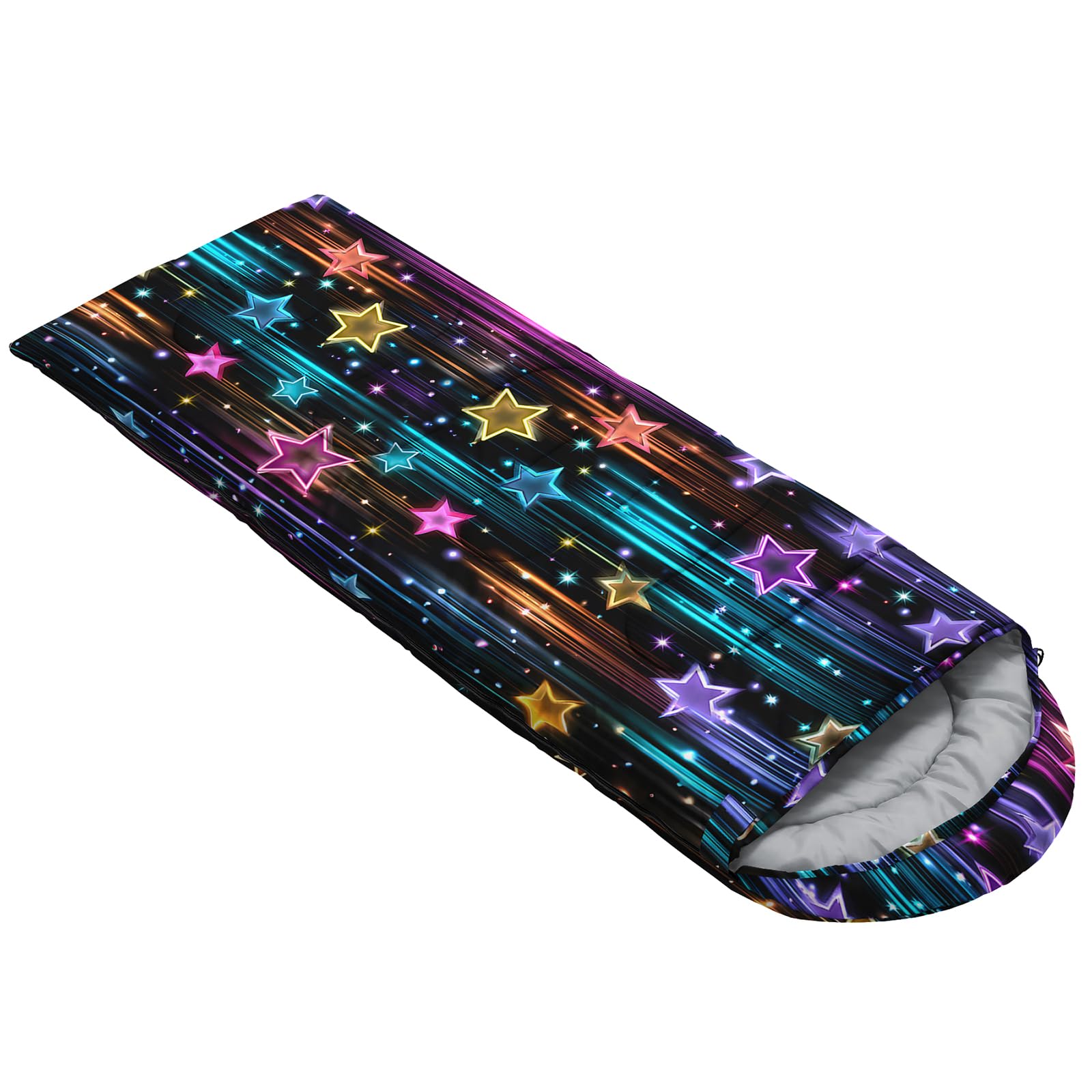 QOOMO Color Star sleeping bag laid out for three-season use in camping.