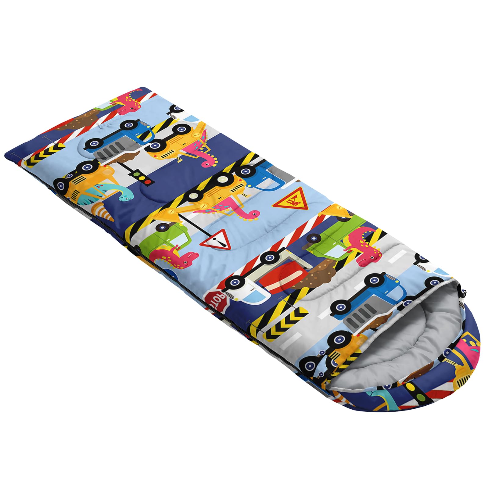 QOOMO dinosaur print sleeping bag hood area with drawstring traps heat for cooler nights