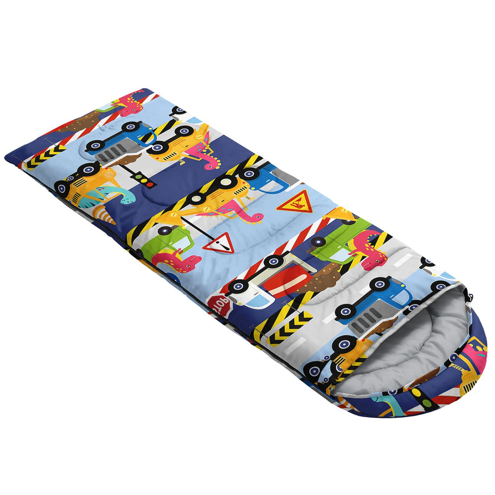 QOOMO dinosaur print sleeping bag hood area with drawstring traps heat for cooler nights