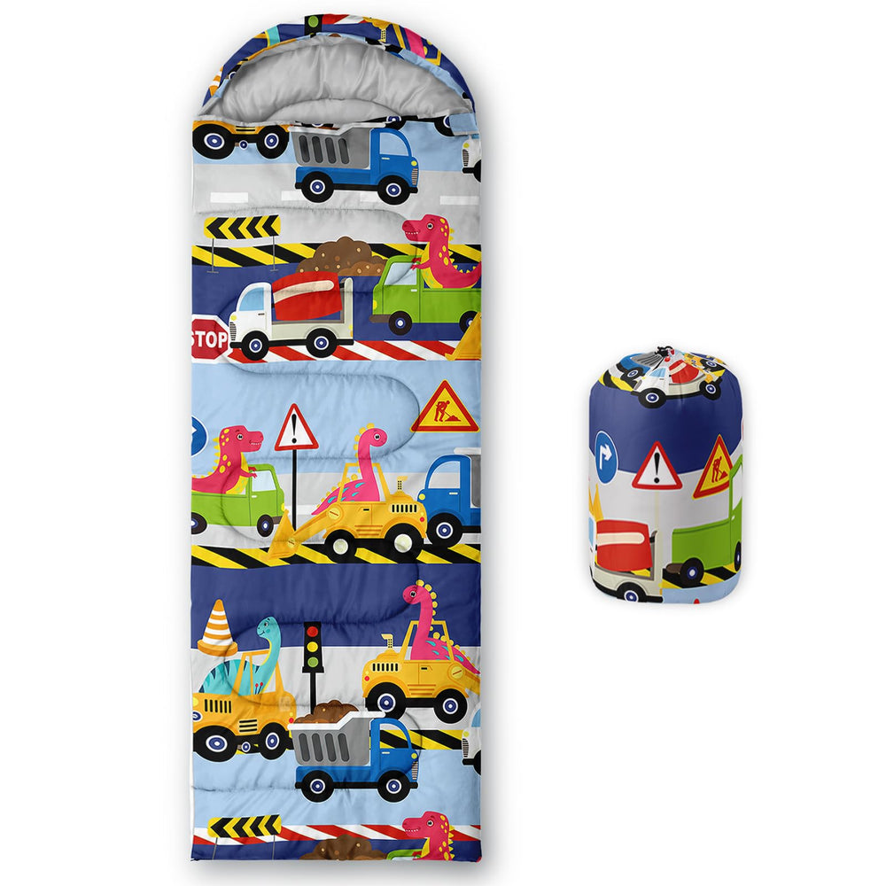QOOMO construction dinosaur sleeping bag open shows roomy 31x90 inch layout for three-season use