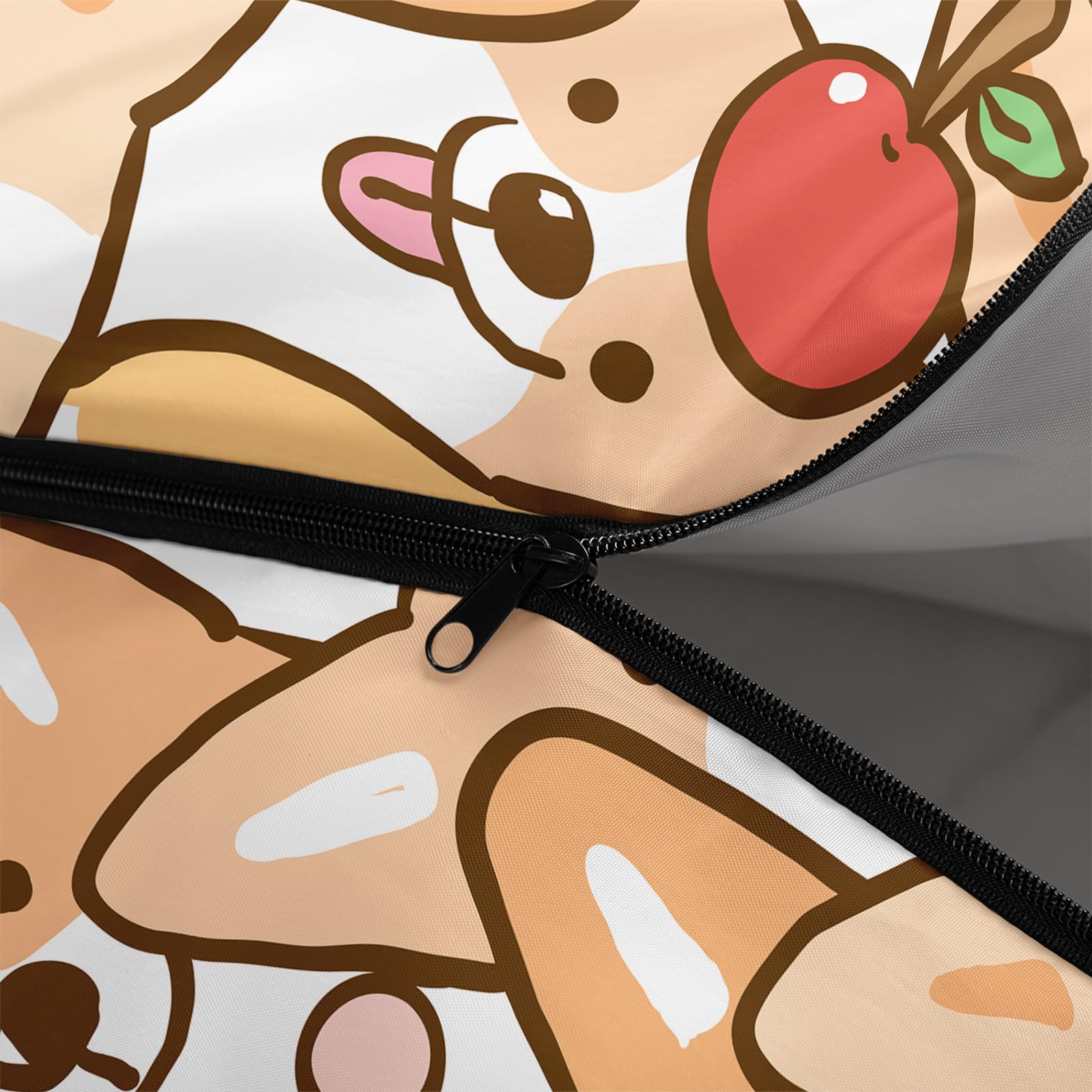 QOOMO corgi print sleeping bag laid flat to show generous size for adults and kids