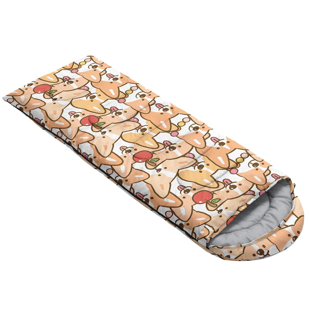 QOOMO corgi sleeping bag with drawstring hood illustrates adjustable warmth for cool nights