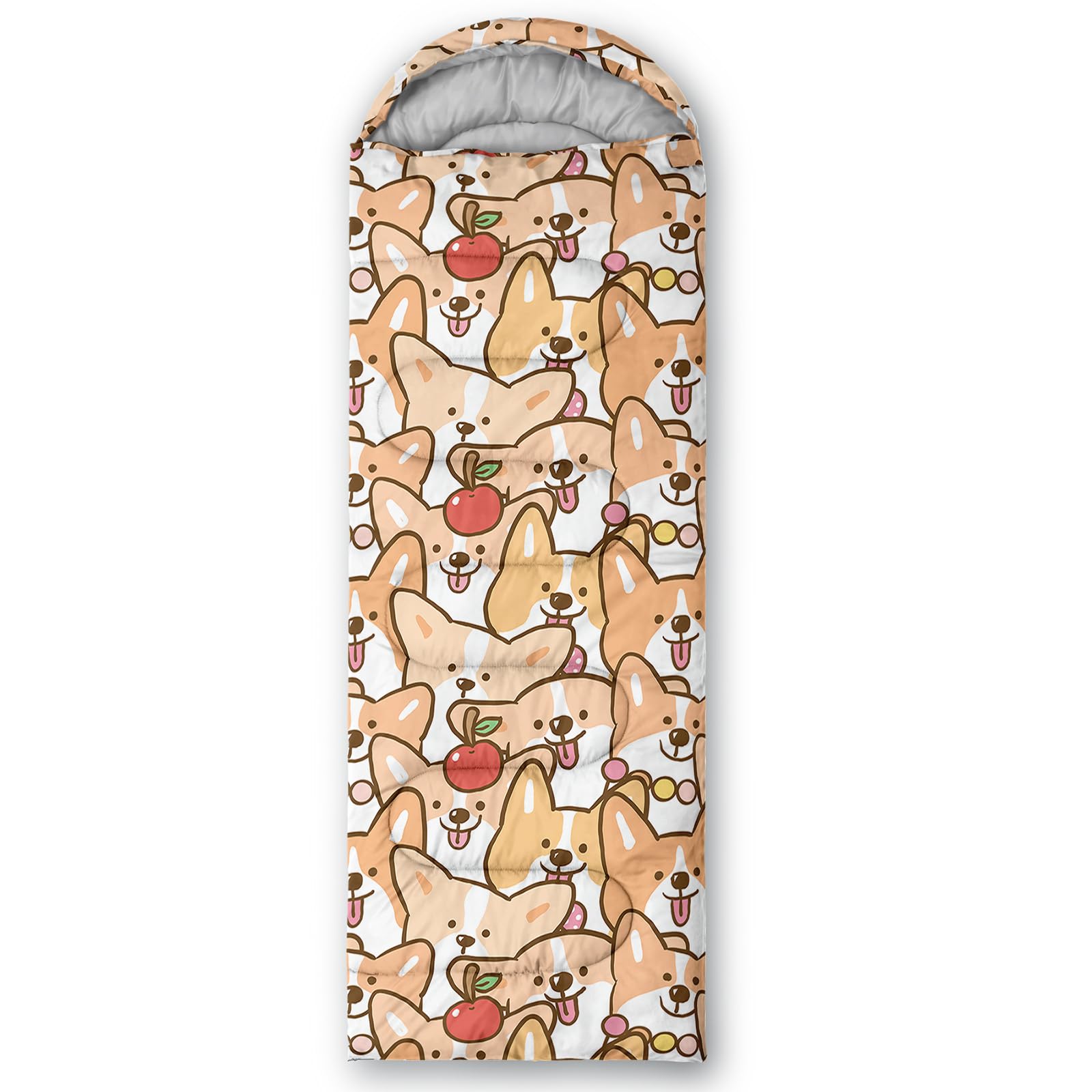 QOOMO corgi-printed sleeping bag packaged in cylinder demonstrates easy travel portability