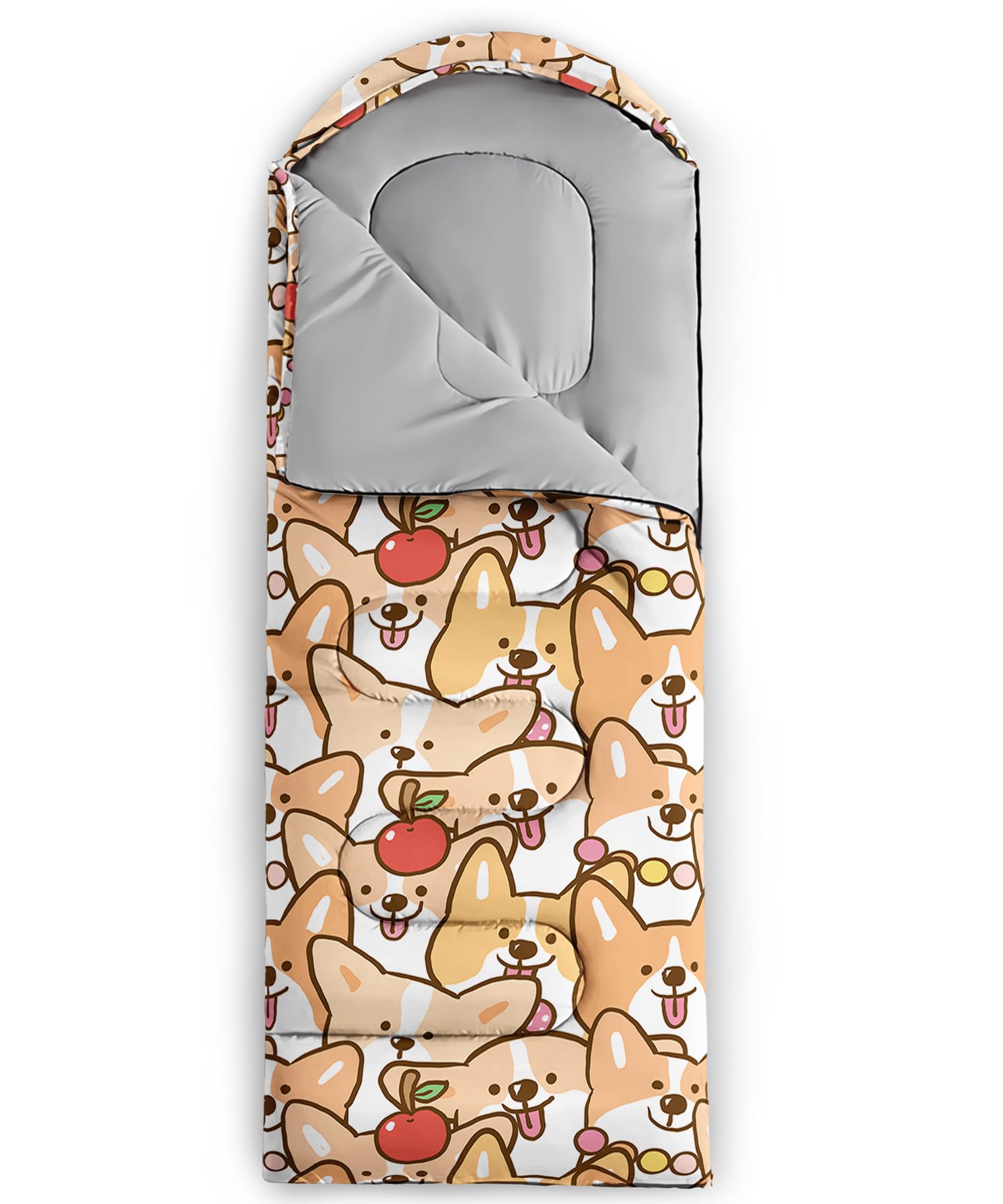 QOOMO corgi print sleeping bag waterproof outer fabric close-up emphasizes durable weather protection