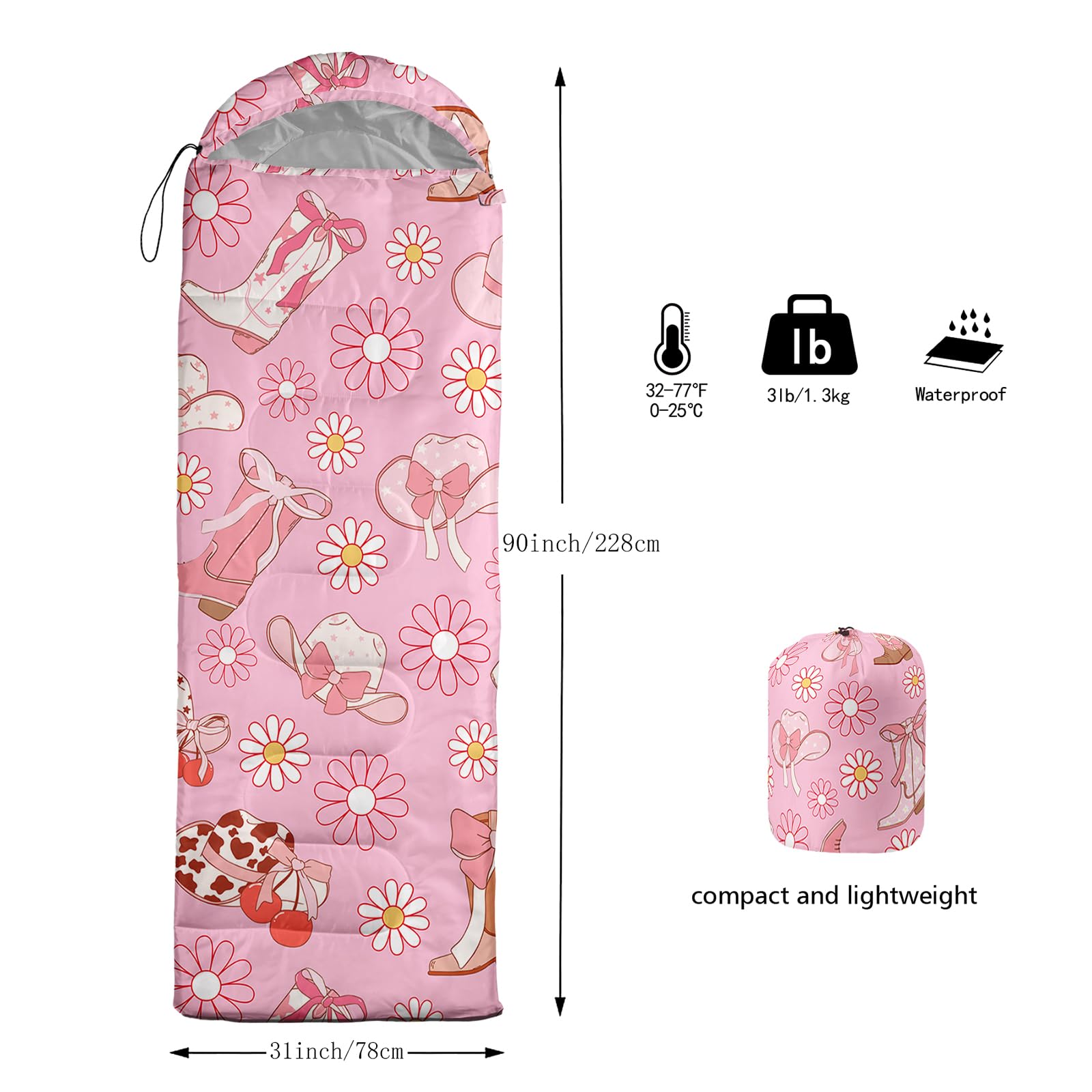 QOOMO Cowgirl-printed sleeping bag compact carry-case for travel.