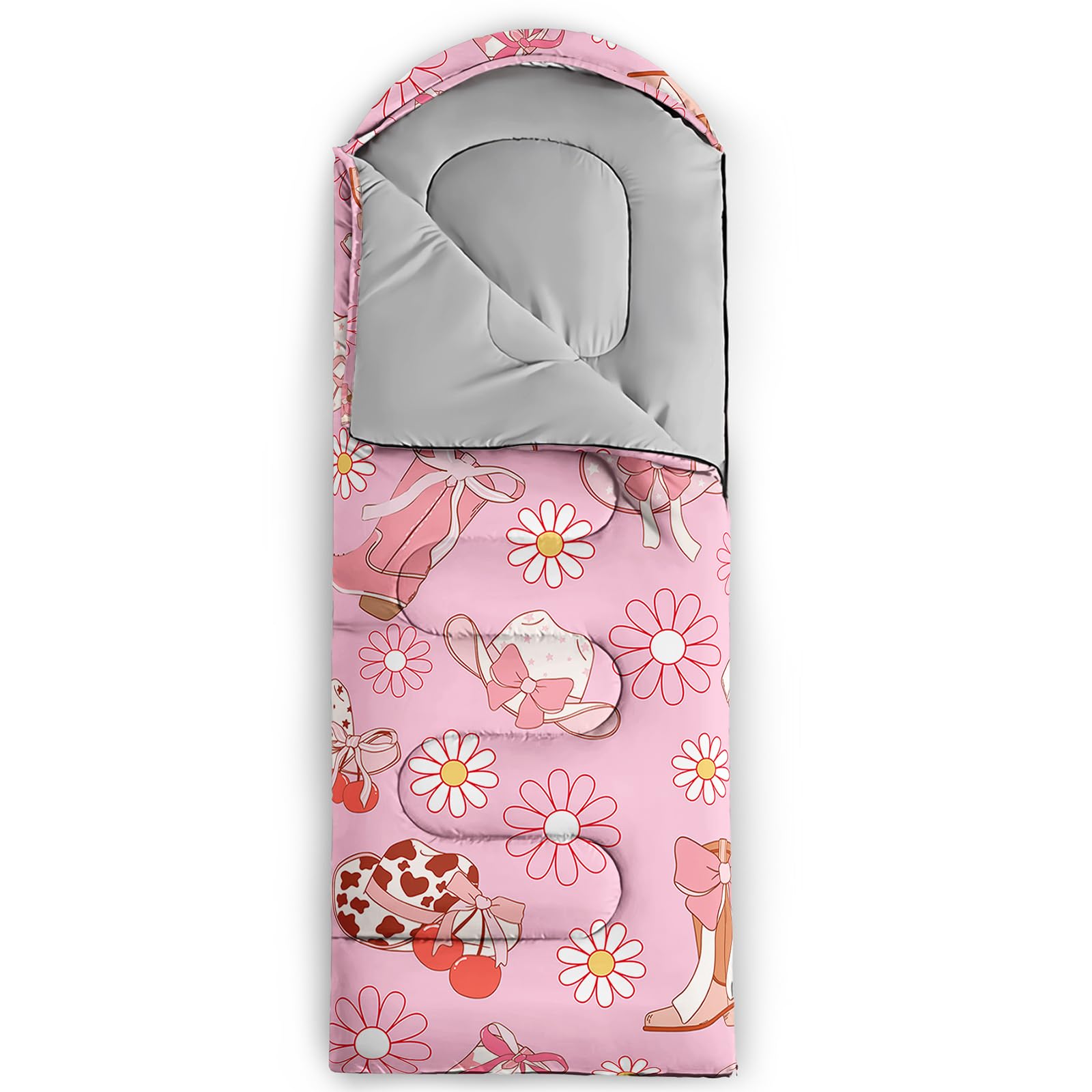 QOOMO Cowgirl-printed sleeping bag hood drawstring secures warmth during cool nights.