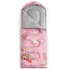 QOOMO Cowgirl-printed sleeping bag hood drawstring secures warmth during cool nights.