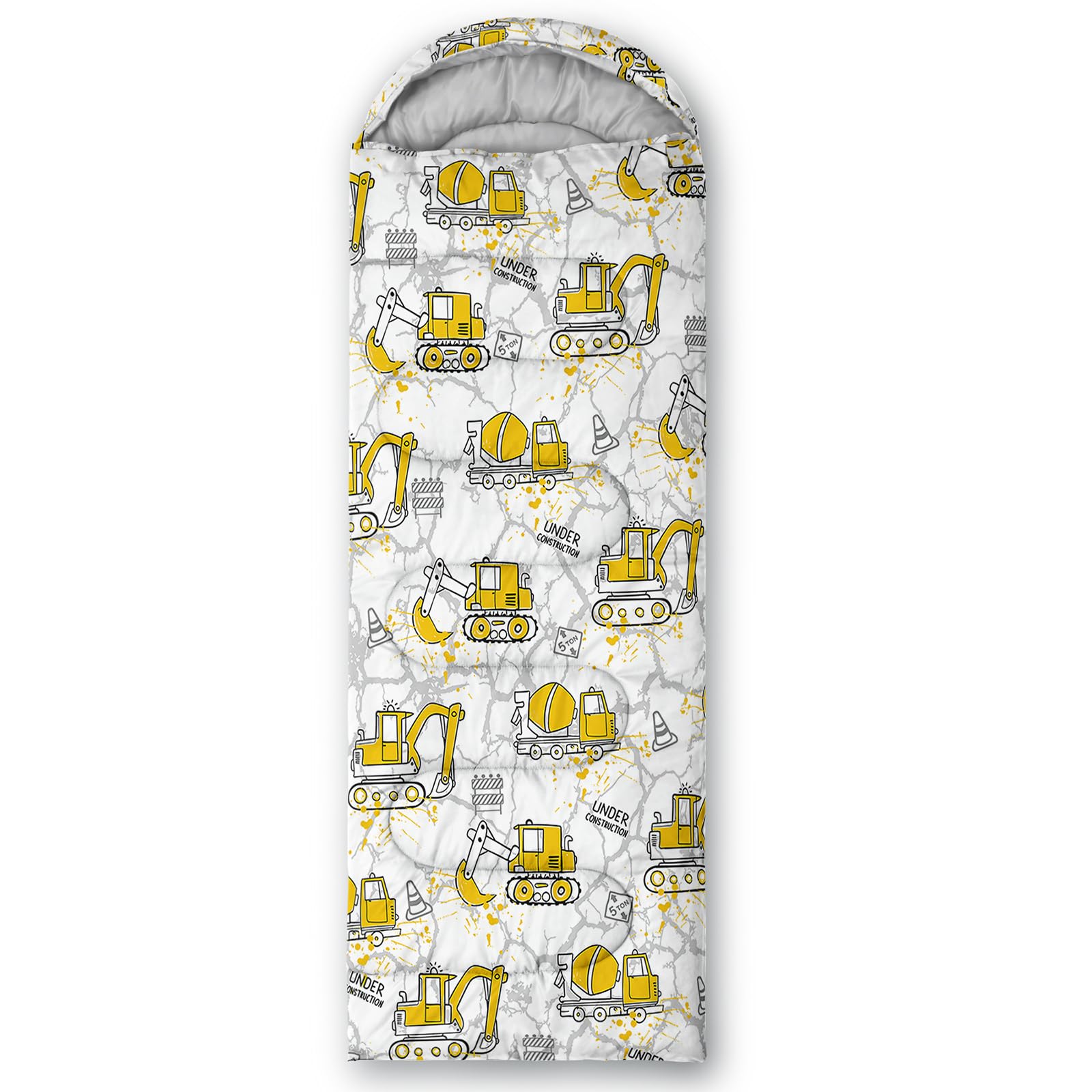 QOOMO family camping scene with excavator trucks sleeping bag