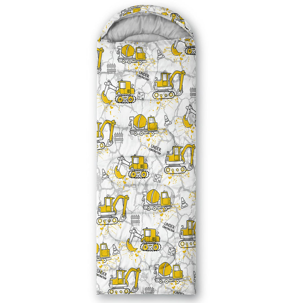 QOOMO family camping scene with excavator trucks sleeping bag