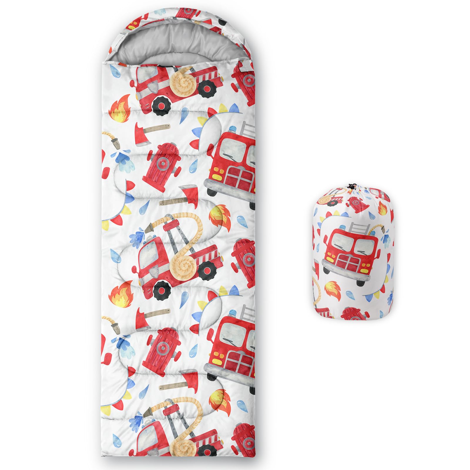 QOOMO Fire Truck sleeping bag front view highlighting waterproof outer shell for outdoor camping