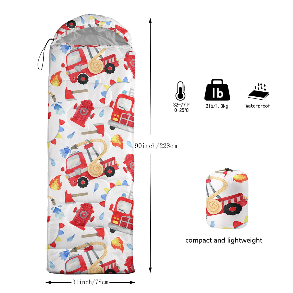 QOOMO Fire Truck sleeping bag in cylinder packaging shows compact travel storage