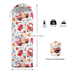 QOOMO Fire Truck sleeping bag in cylinder packaging shows compact travel storage