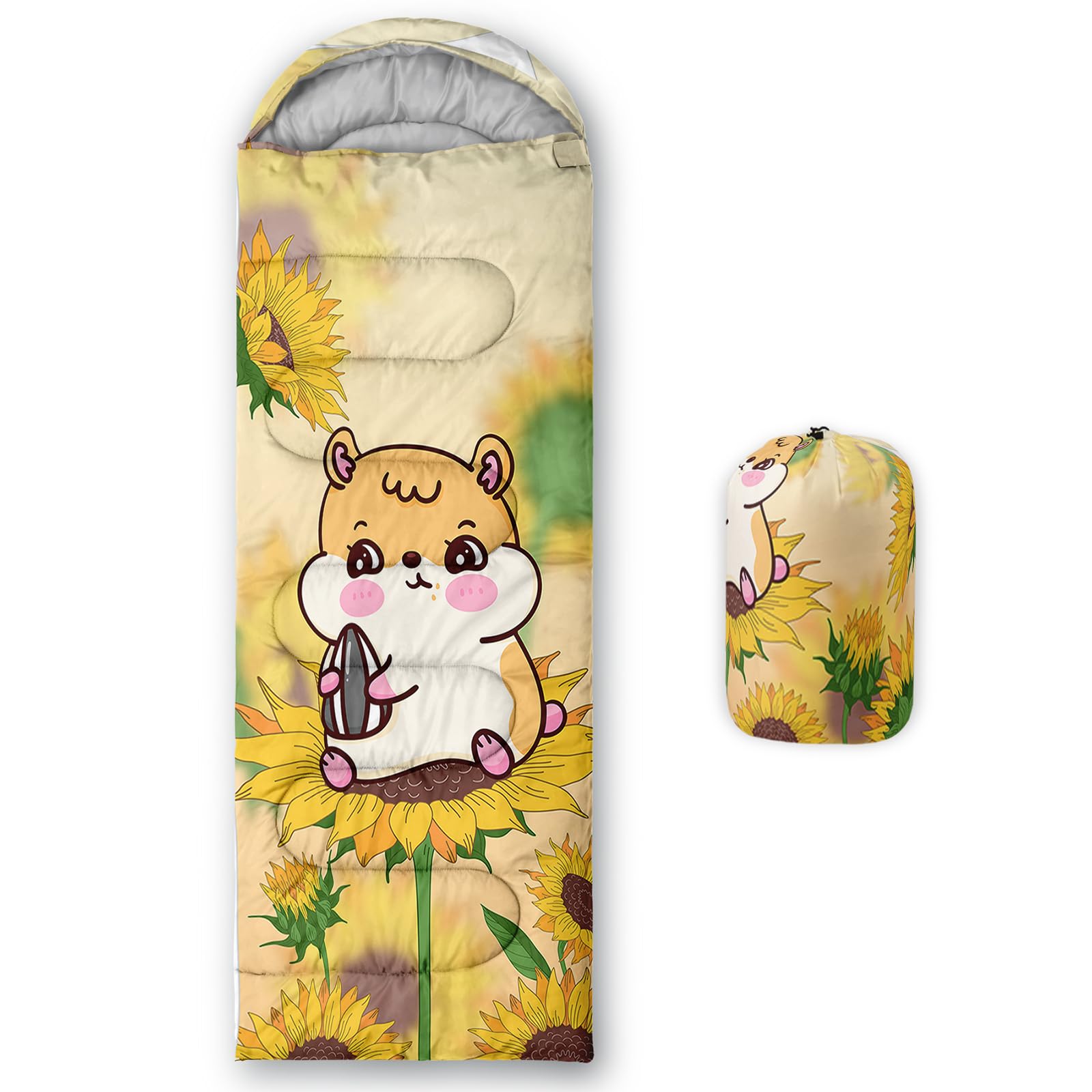 QOOMO hamster sunflowers sleeping bag with hood closed for warmth on chilly nights.