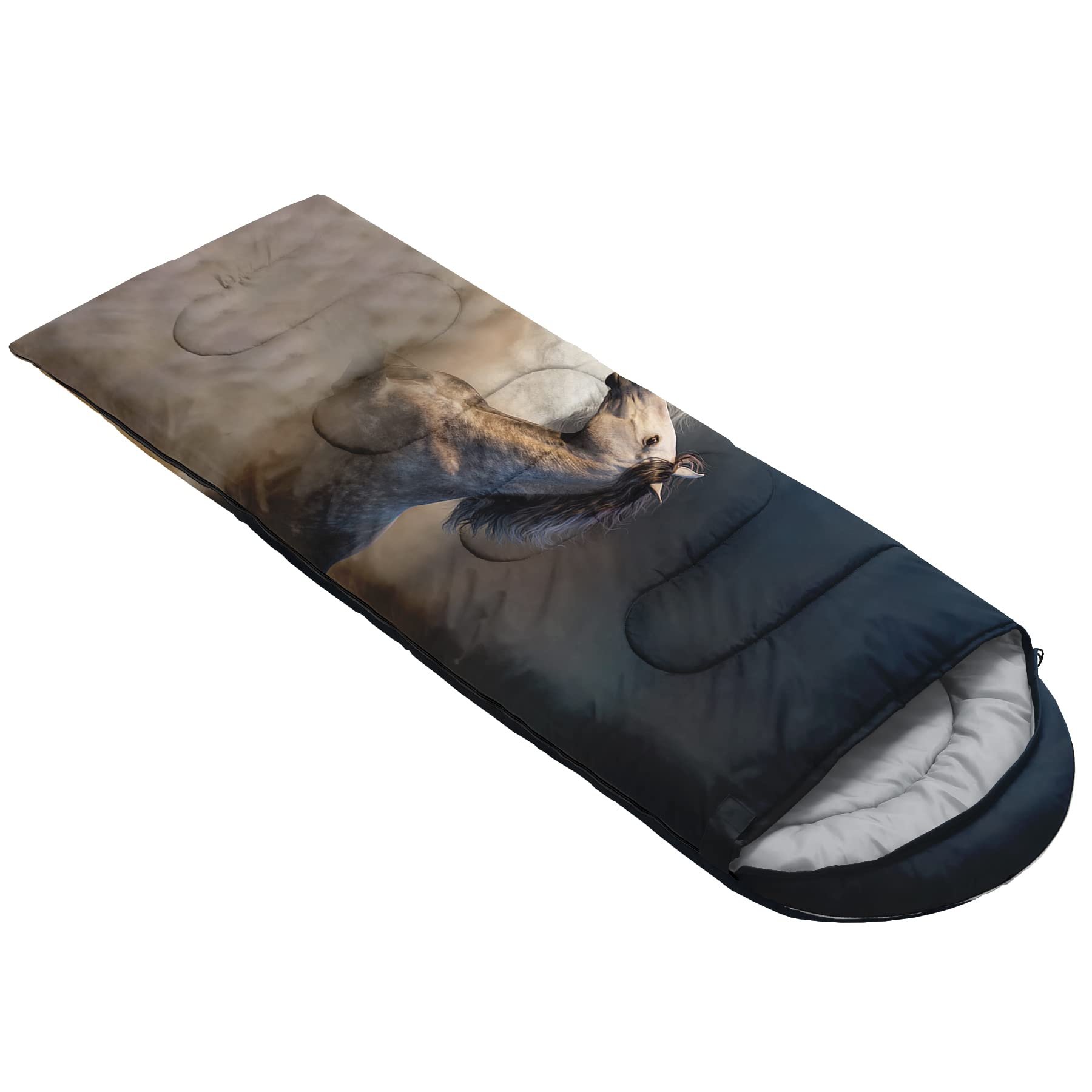 QOOMO horse-printed sleeping bag packed compact for easy travel