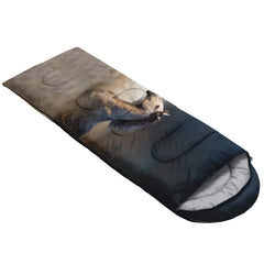 QOOMO horse-printed sleeping bag packed compact for easy travel