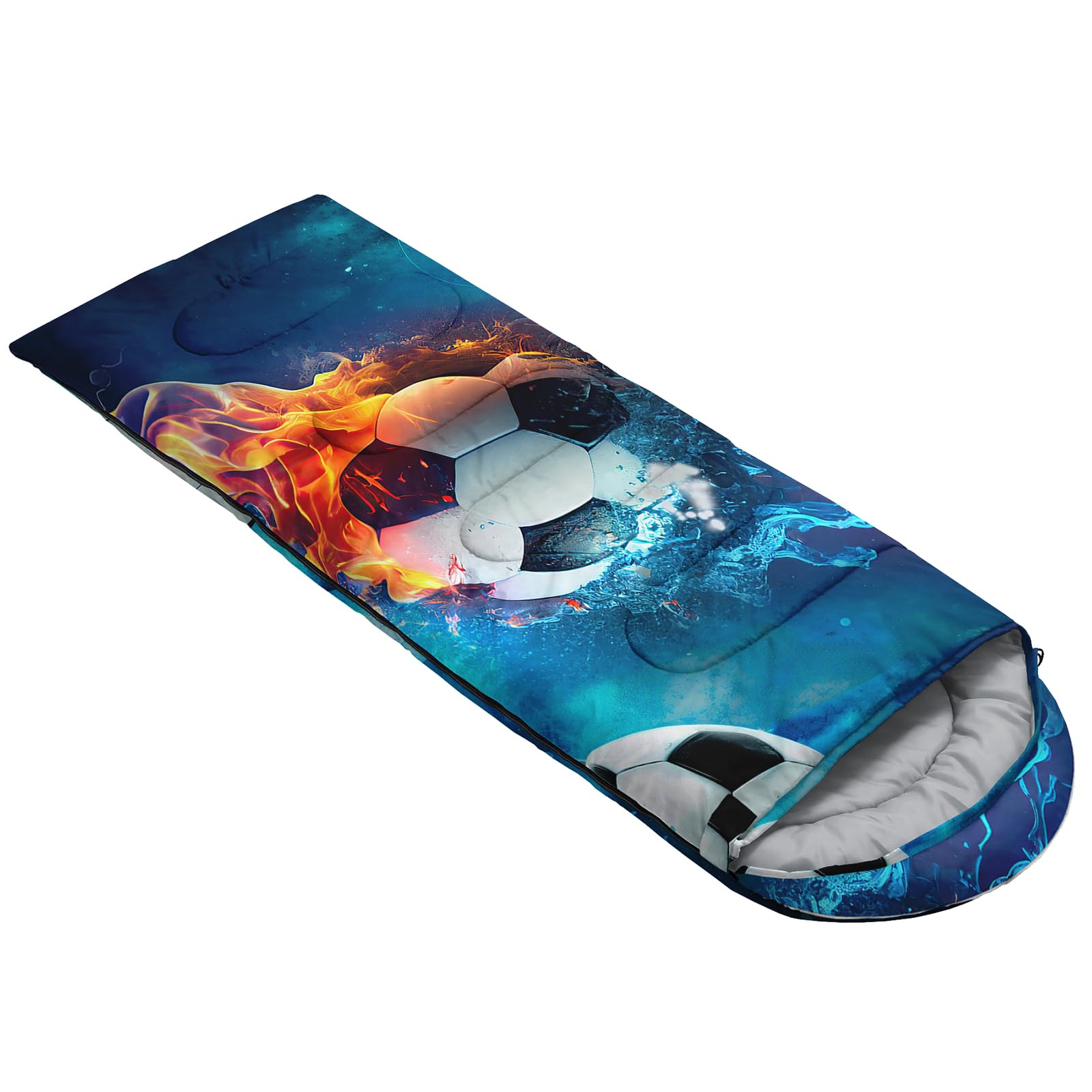 QOOMO Ice Fire Football sleeping bag hood drawstring securing warmth