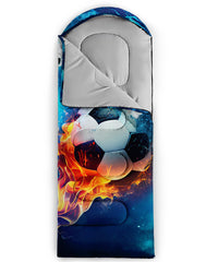 QOOMO Ice Fire Football sleeping bag packed, compact for travel