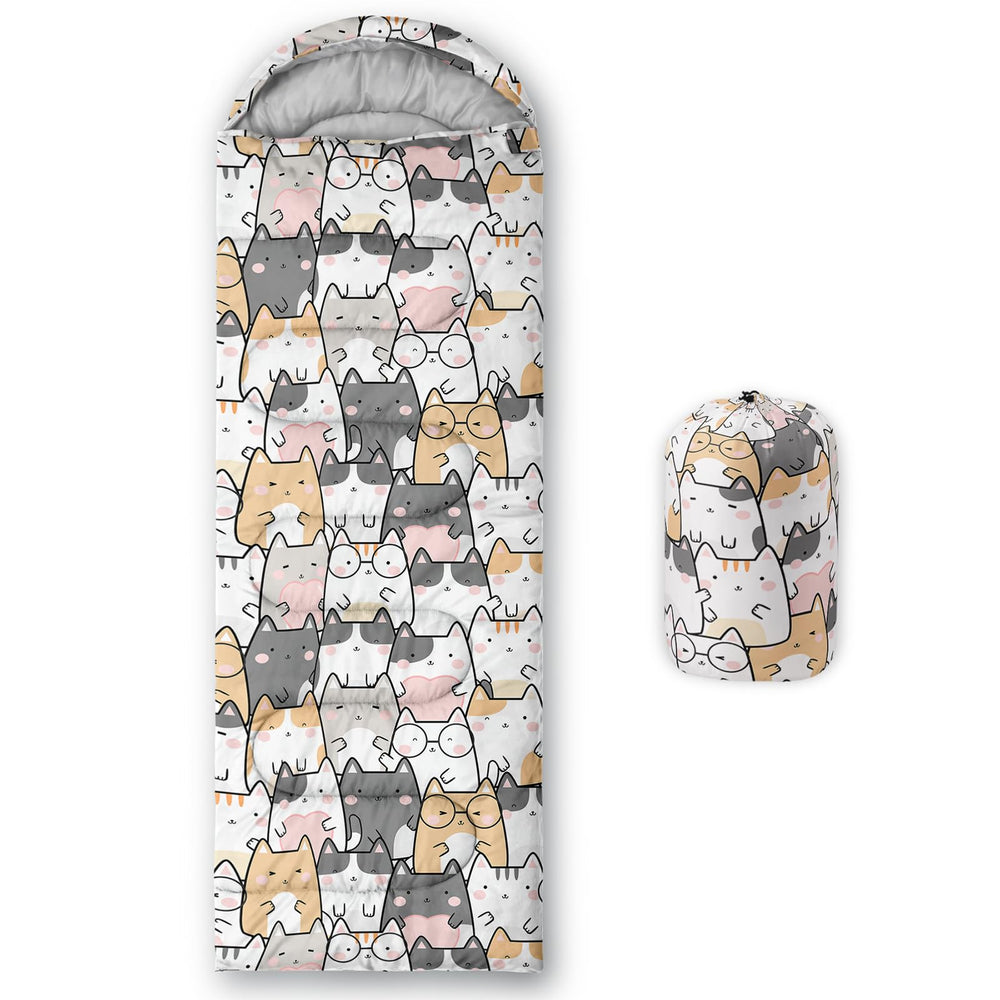 QOOMO Kawaii cat printed sleeping bag open for cozy outdoor warmth.