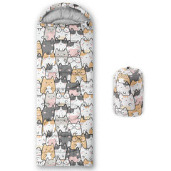 QOOMO Kawaii cat printed sleeping bag open for cozy outdoor warmth.
