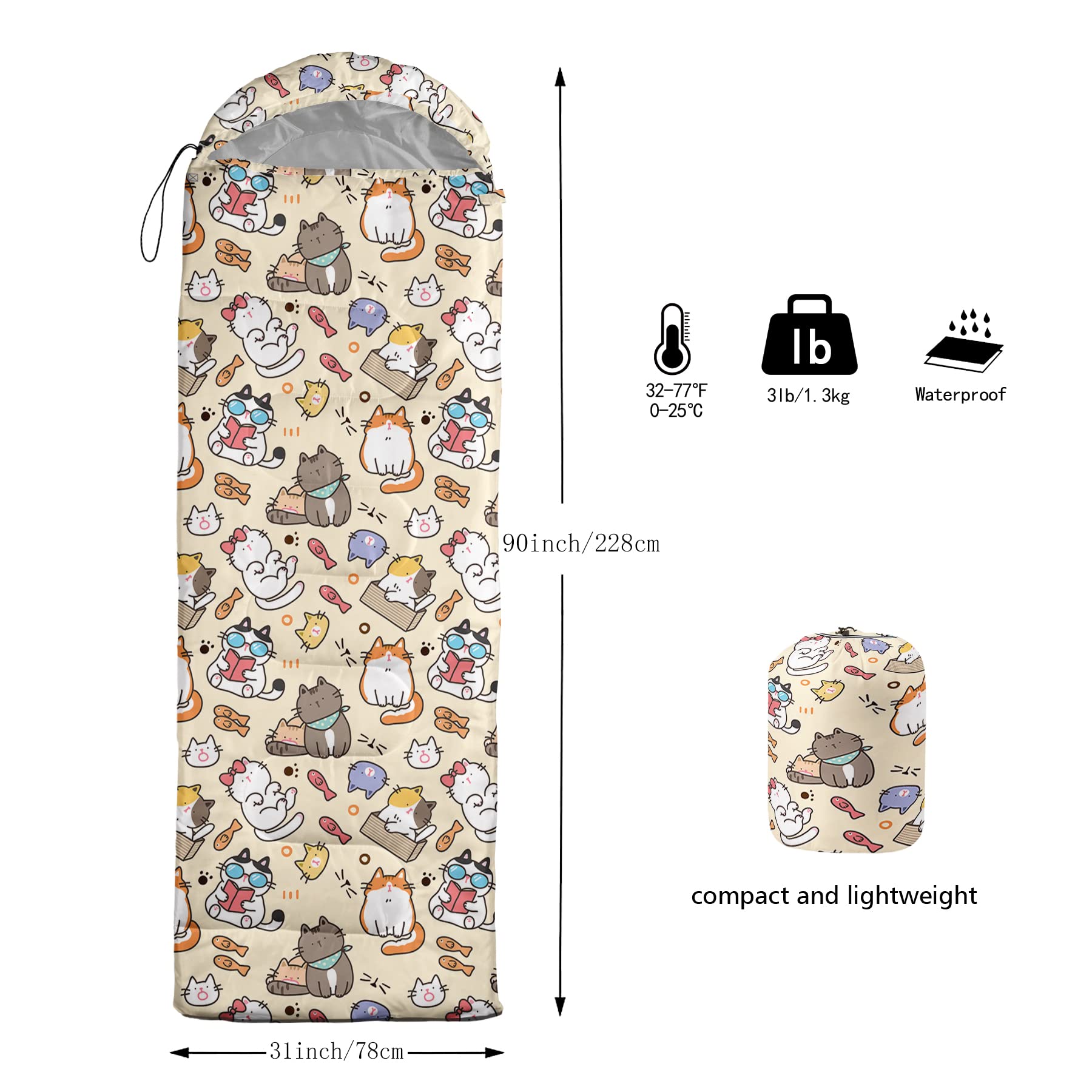 QOOMO kawaii cat sleeping bag enables three-season camping warmth