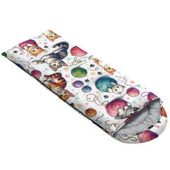QOOMO Kawaii Cat sleeping bag microfiber fill provides lightweight warmth for three-season use.