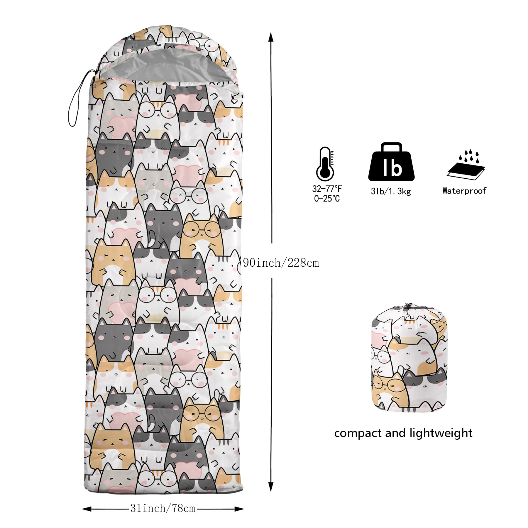 QOOMO Kawaii cat printed sleeping bag hood-drawstring seals warmth.