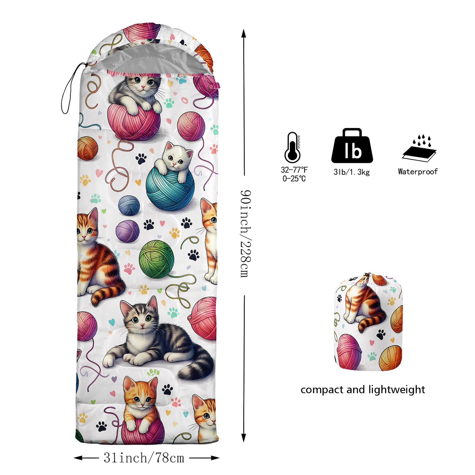 QOOMO Kawaii Cat sleeping bag hood with drawstring locks in warmth during chilly nights.