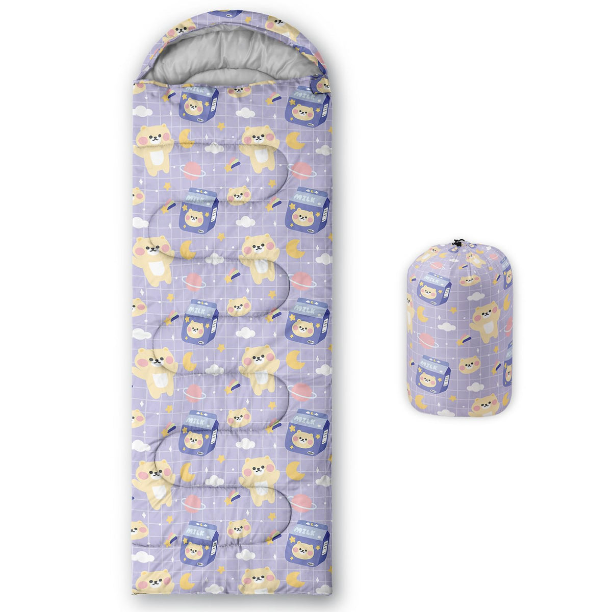 QOOMO Kawaii sleeping bag front view shows three-season warmth for outdoors.