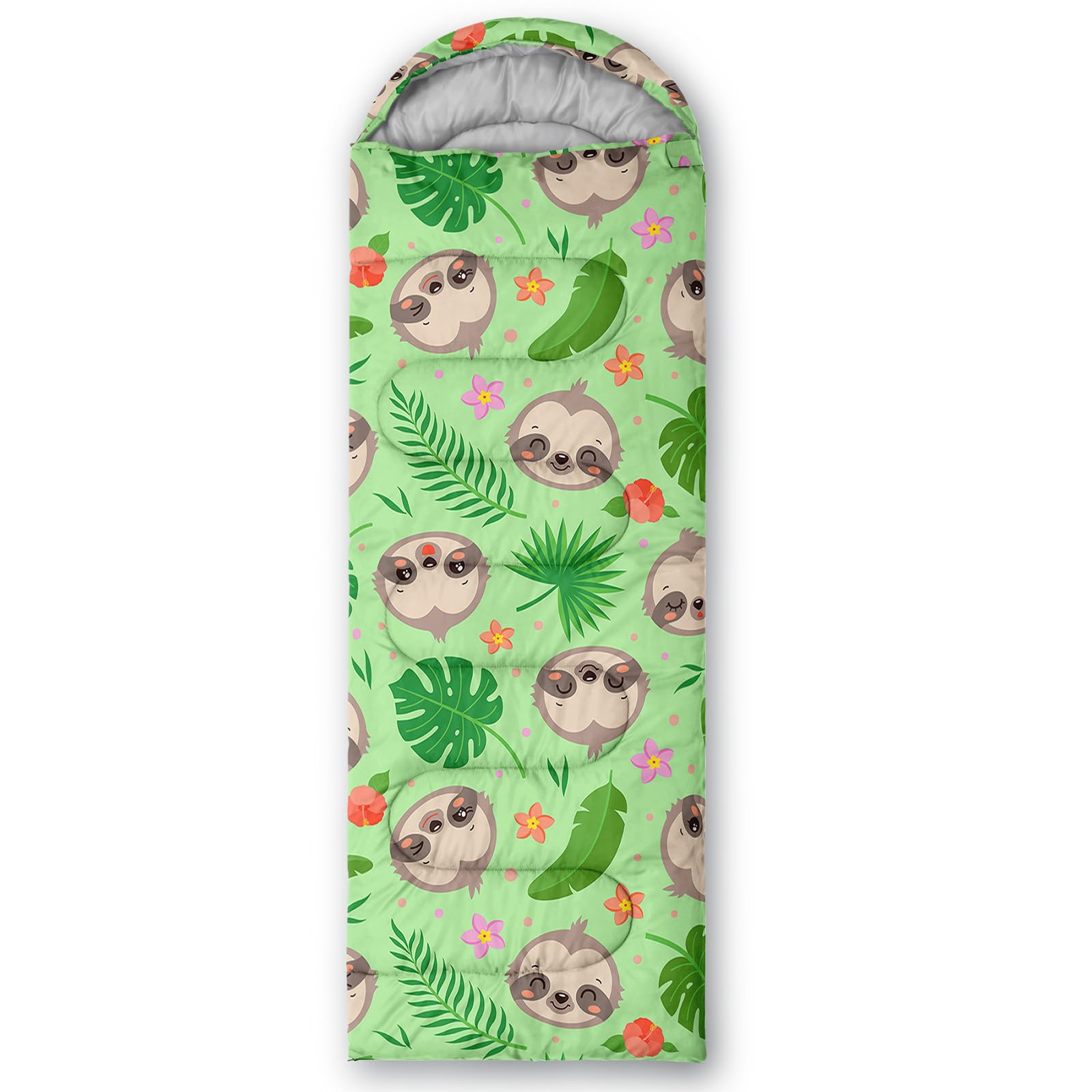 QOOMO Kawaii Sloth sleeping bag suitable for camping, travel, or couch surfing.
