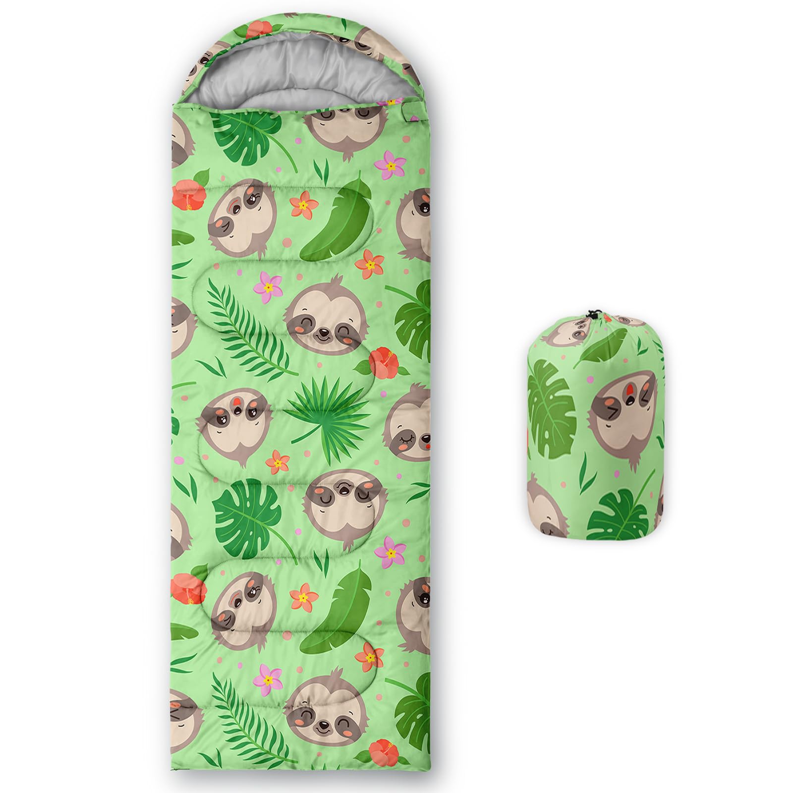 QOOMO Kawaii Sloth sleeping bag with closed hood for snug warmth on camping nights.
