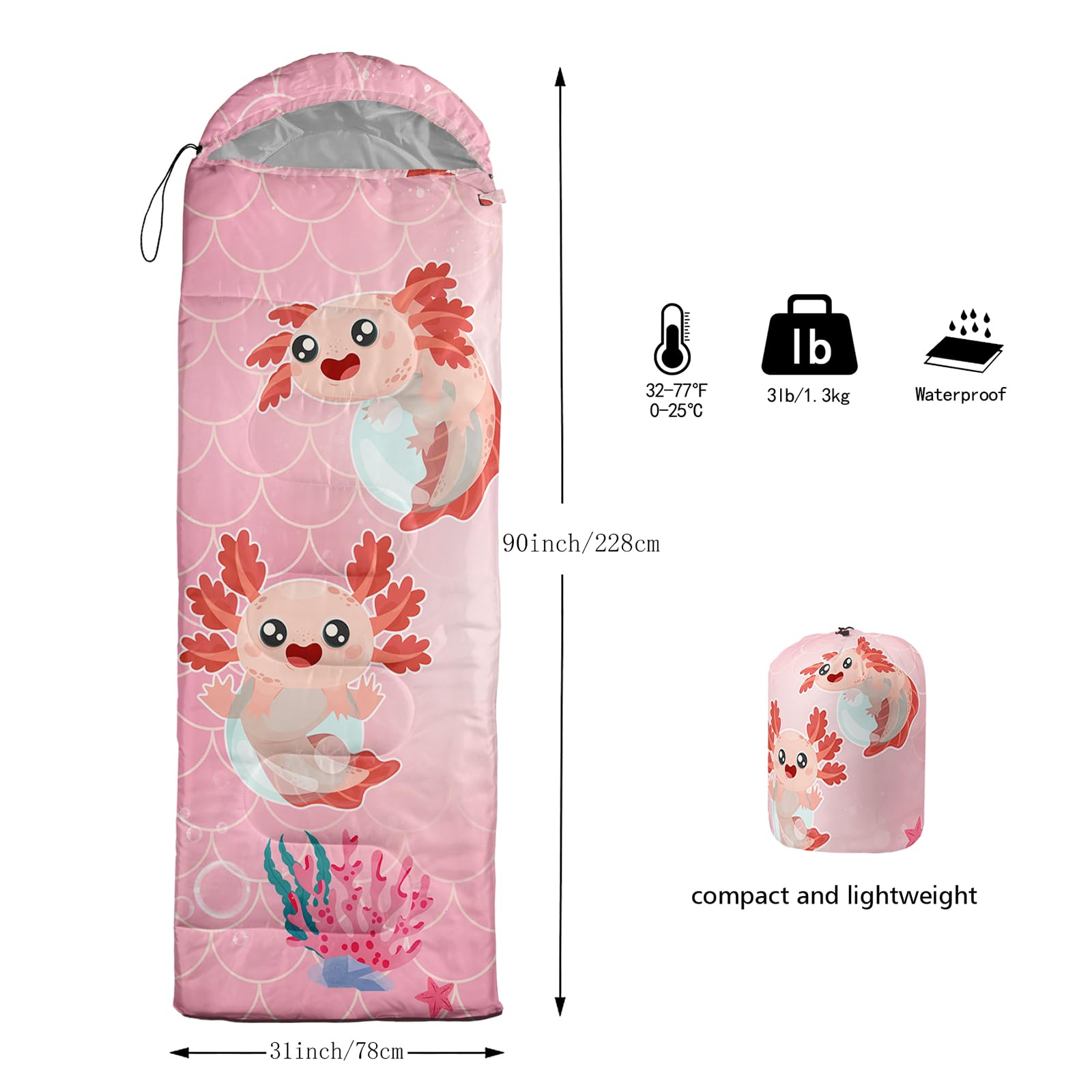 QOOMO Marine Axolotl sleeping bag 31x90-inch fit for adults and kids.