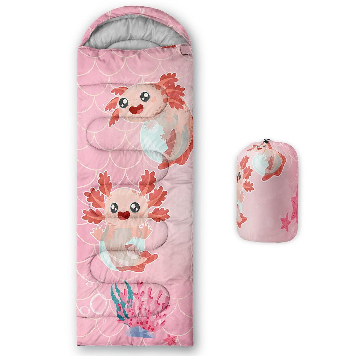 QOOMO Marine Axolotl sleeping bag hood seals warmth for cold nights outdoors.